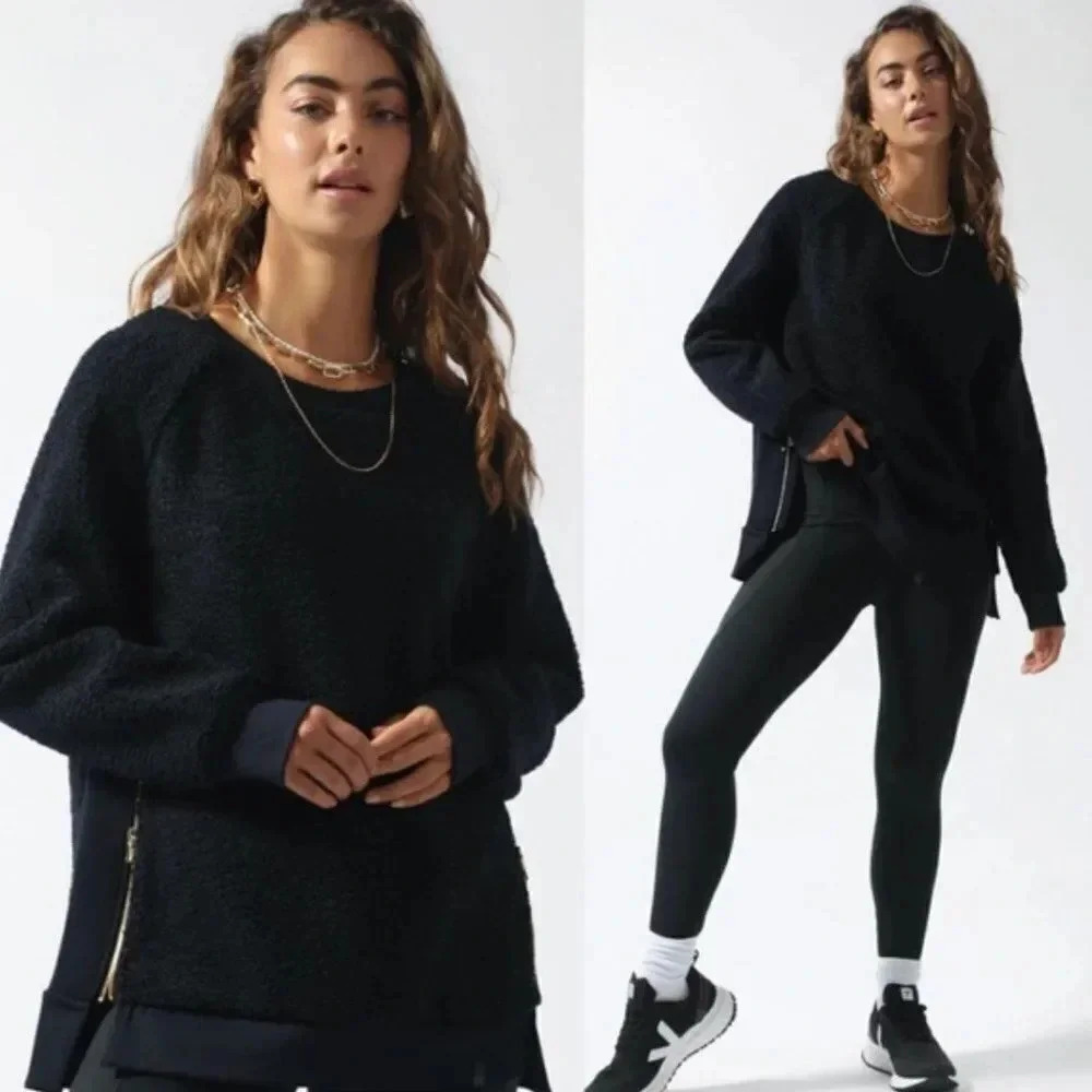 Varley Oakden Fleece Sherpa Pullover Sweatshirt Zip Up Sides Black Size Small